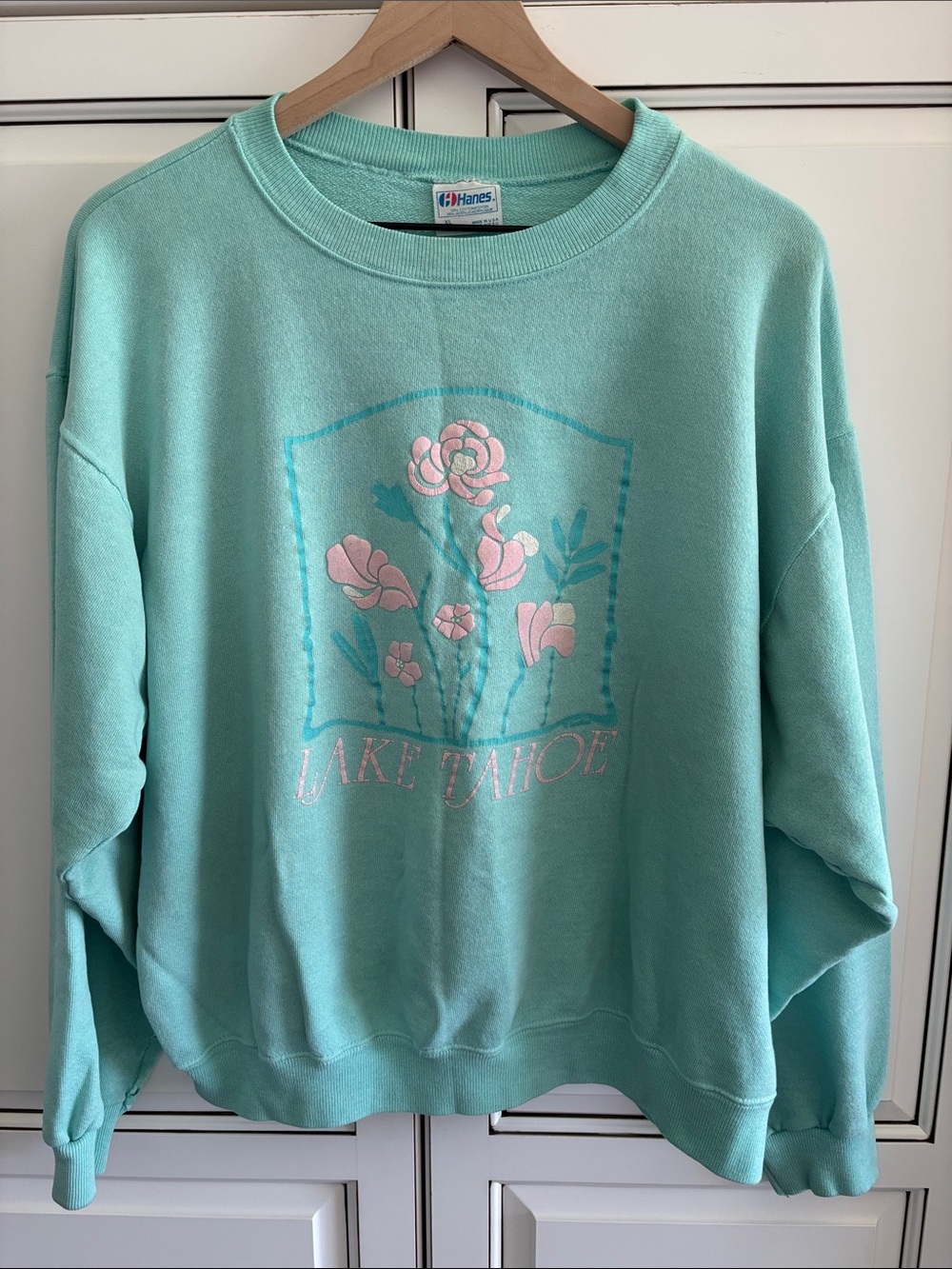 Vintage Hanes Floral Lake Tahoe Crewneck Sweatshirt USA Mint Green Pink Women XL